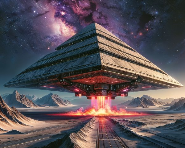 Futuristic pyramid spacecraft above alien landscape