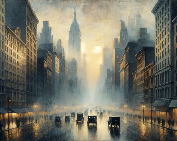 City Street Scene in Misty Golden Light