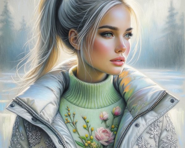 Young Woman in Shimmering Jacket in Winter Setting