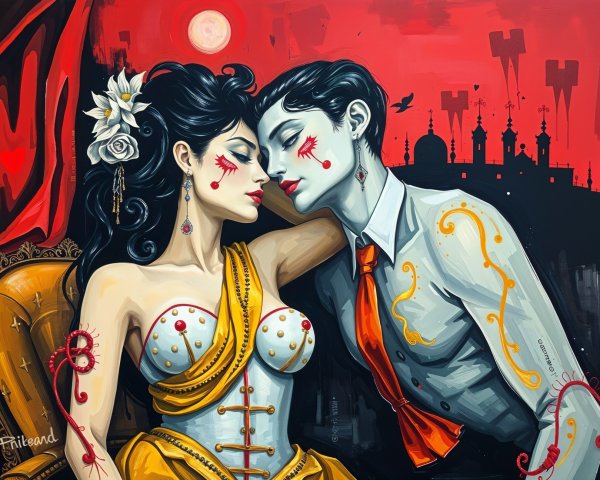Couple in Dramatic Embrace with Red Background