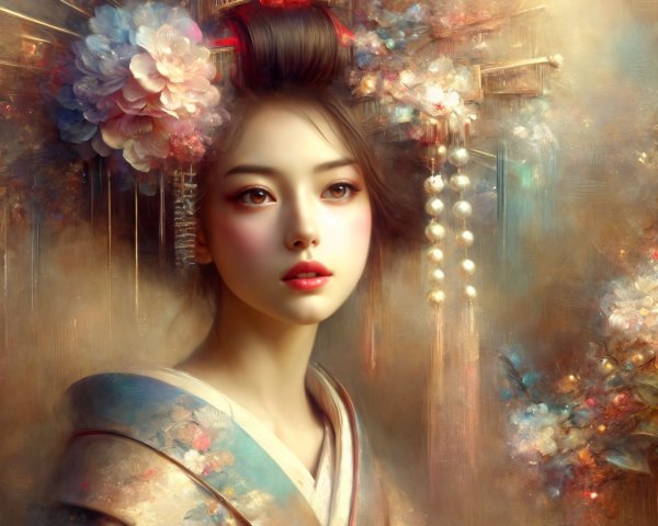 Ethereal Portrait of Woman in Detailed Kimono