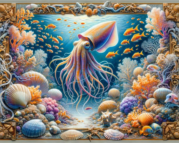 Vibrant Underwater Scene with Majestic Squid and Coral
