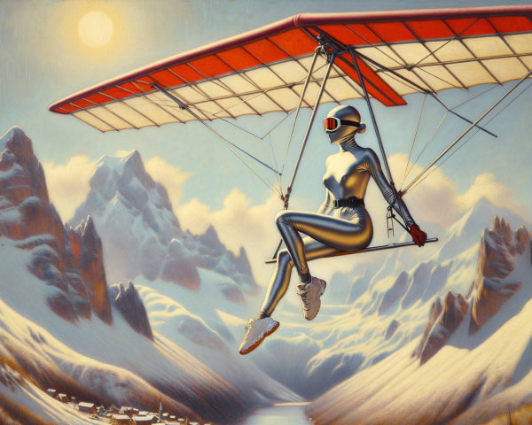Futuristic Figure Hang Gliding in Snowy Mountains