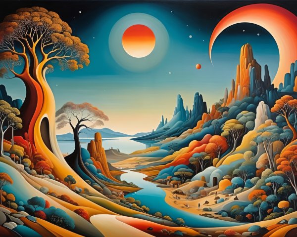 Surreal Landscape with Vibrant Colors and Whimsical Elements