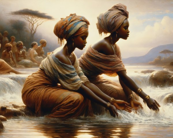 Women in Traditional Attire by a Serene River