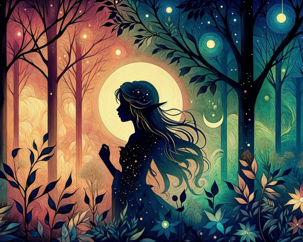 Whimsical Illustration of a Woman in a Mystical Forest