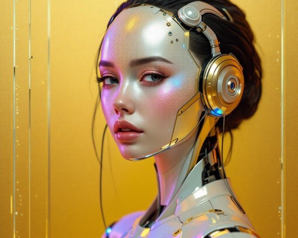 Futuristic humanoid robot with metallic face and accents