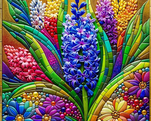 Vibrant Artwork of Colorful Flowers on Golden Background