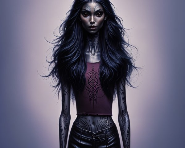Character with Dark Hair, Horns, and Intricate Tattoos