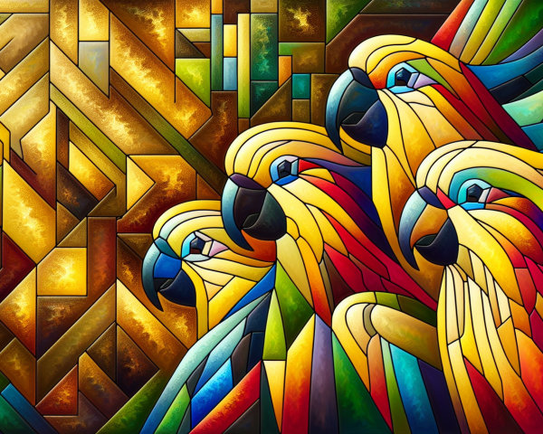 Vibrant Abstract Artwork of Colorful Parrots in Mosaic