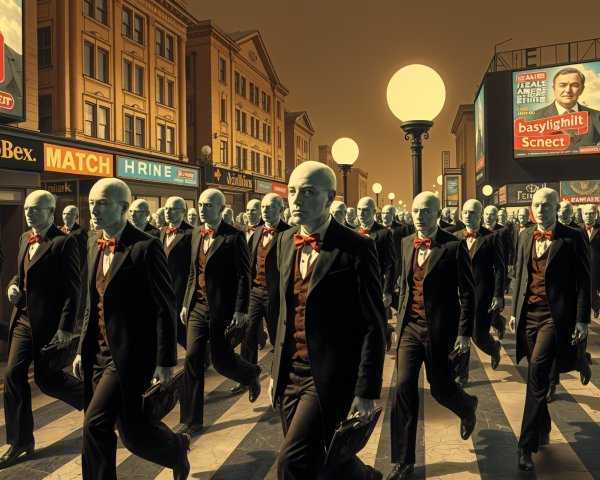Crowd of Identical Figures in Tuxedos on City Street