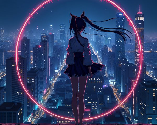 Silhouette of Girl on Rooftop Overlooking Cityscape