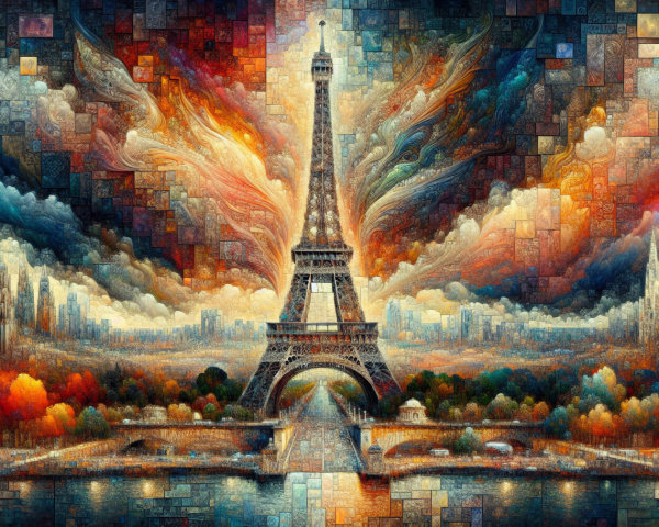 Surreal Eiffel Tower Scene with Colorful Sky and Cityscape