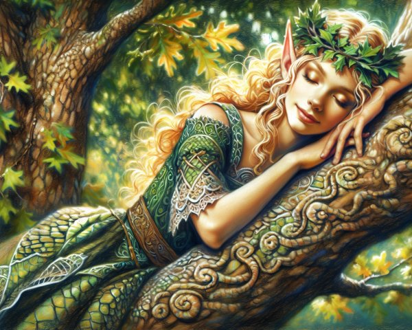 Serene Elf in Vibrant Green Gown in Sunlit Forest