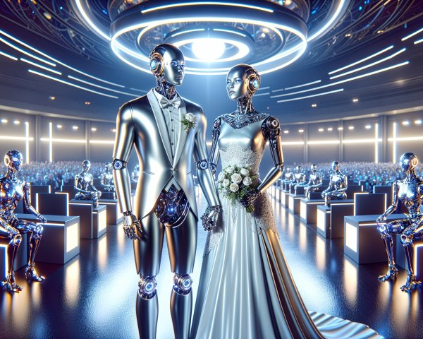 Futuristic Wedding of Silver Robotic Couple in Modern Hall