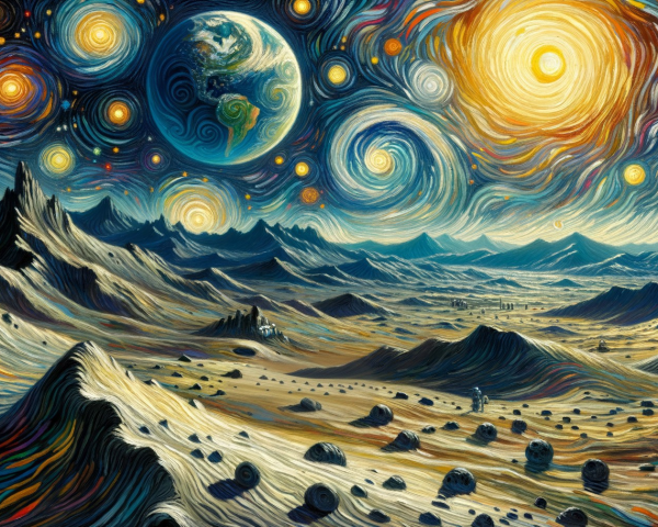 Surreal Landscape with Stars, Planets, and Mountains