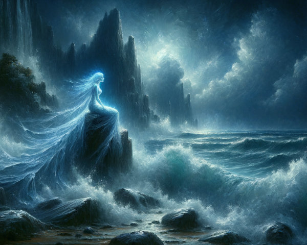 Translucent Humanoid Figure on Stormy Coastline