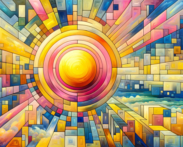 Vibrant Abstract Artwork with Radiant Sun and Colors