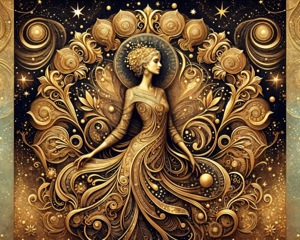 Intricate Female Figure in Celestial Gold Gown