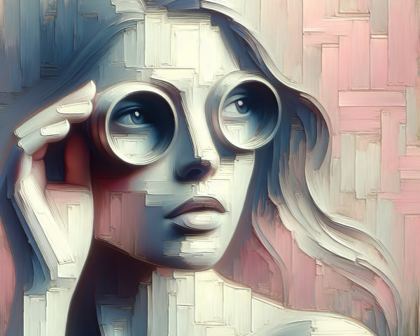 Stylized portrait of a contemplative woman with glasses