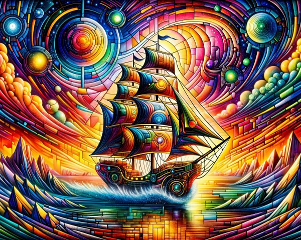 Surreal Sailing Ship in Colorful Cosmic Waters