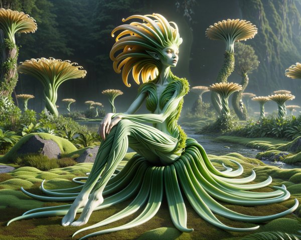 Humanoid Figure in Lush Landscape with Mushrooms