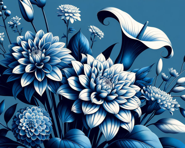 Floral Arrangement in Shades of Blue with Dahlias and Lilies