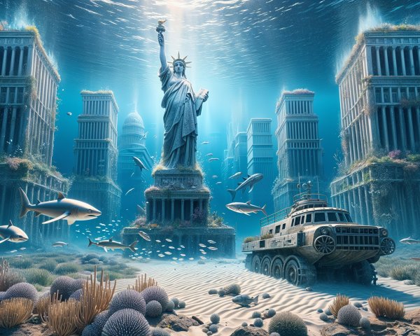 Submerged City with Coral Structures and Marine Life