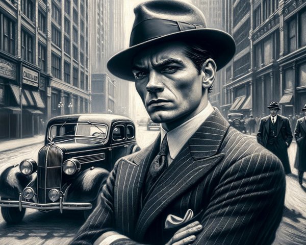 Dapper Man in 1920s Urban Setting with Classic Cars