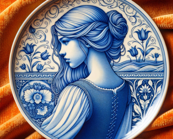 Blue and White Plate with Floral Design and Profile