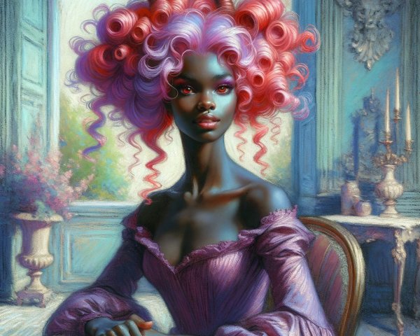 Elegant figure in lavender gown with vibrant hair