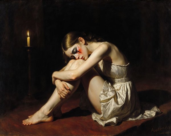 Young Woman in Dim Light with Red Face Markings
