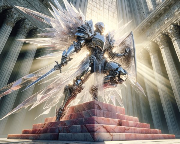 Armored Knight on Stone Pedestal with Stained Glass