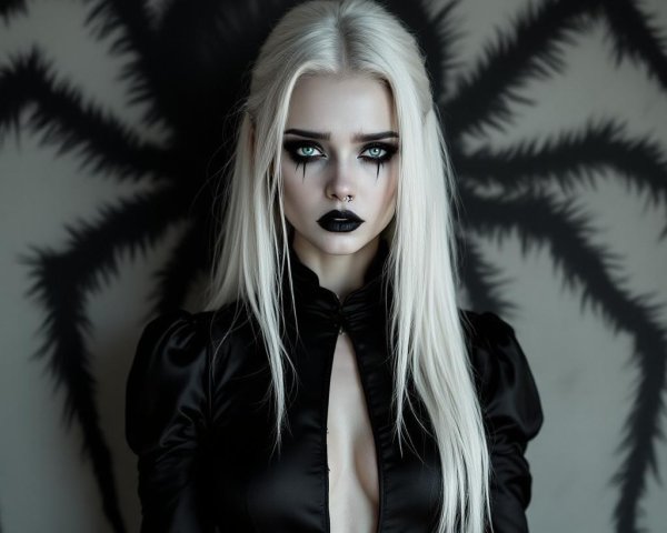 Striking figure with platinum hair and dark attire