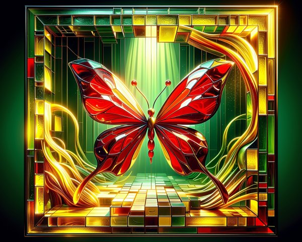 3D Butterfly with Red Wings in Geometric Frame