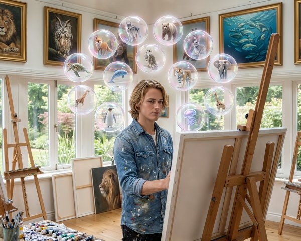Painter in Studio Surrounded by Animal Bubbles