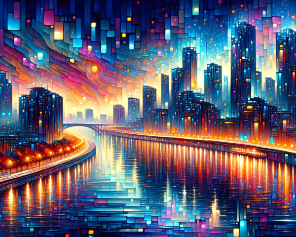 Vibrant Cityscape at Dusk with Reflections and Lights