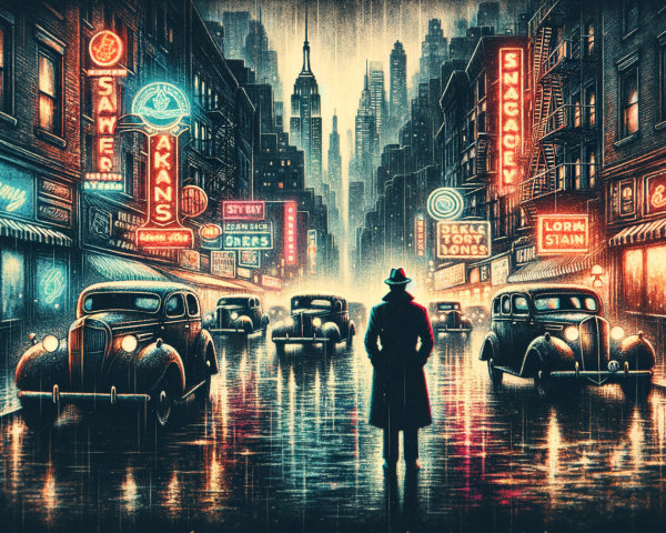 Rainy Night City Street with Neon Lights and Vintage Cars