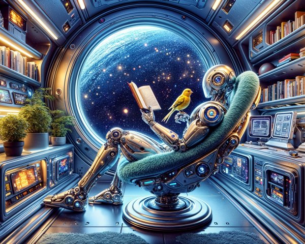 Humanoid Robot Reading in Futuristic Space Station