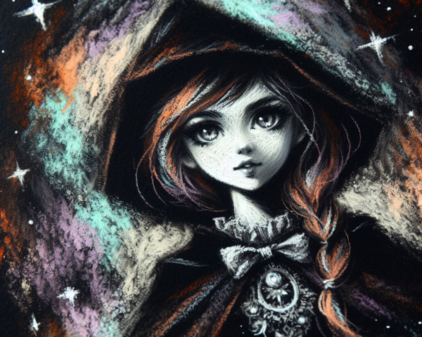 Mystical girl in hood with celestial starry eyes