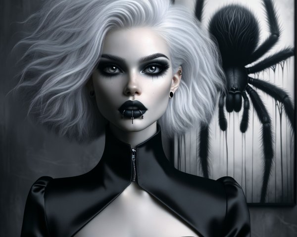 Striking Figure with Silver Hair and Spider Silhouette