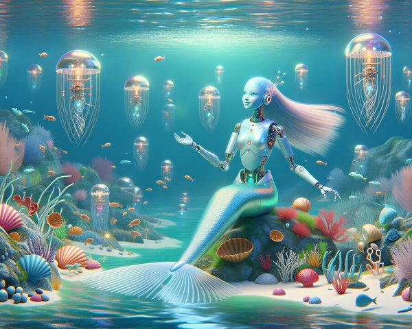 Robot Mermaid in Vibrant Underwater Coral Scene