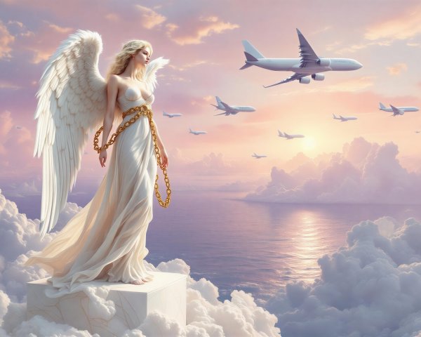 Celestial Figure with Wings Above Clouds at Sunset