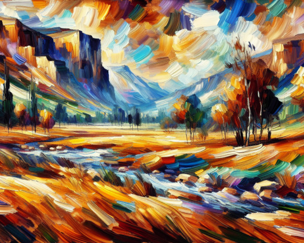Vibrant Landscape with River and Autumn Mountains