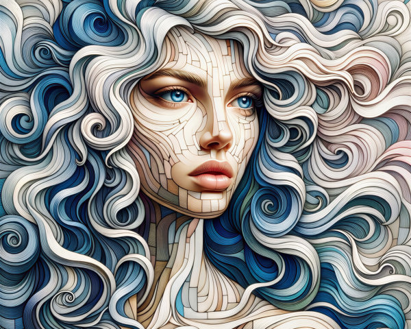 Stylized portrait of a woman with intricate blue hair