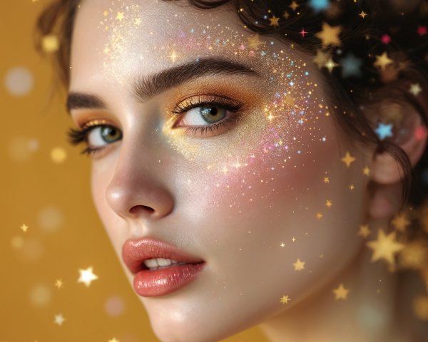 Close-up of a woman with cosmic-themed makeup