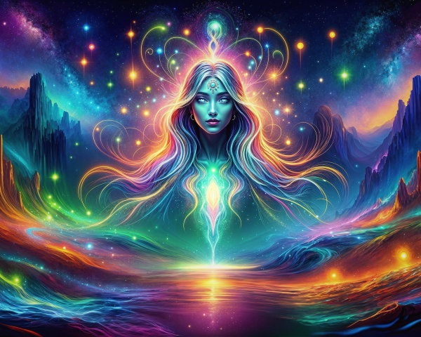 Vibrant Cosmic Scene with Mystical Woman and Nature