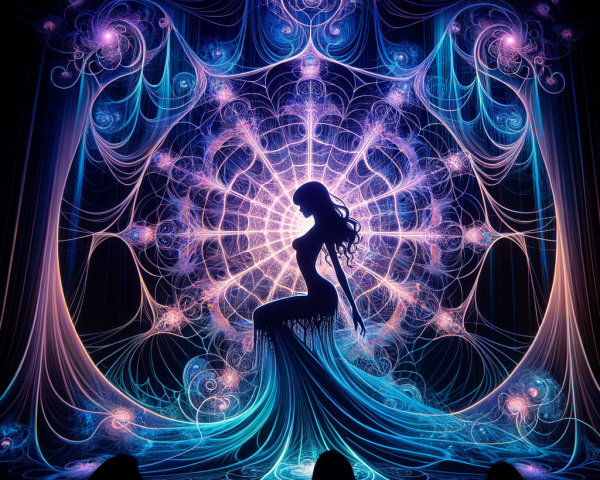 Silhouette of a Woman Against Colorful Fractal Patterns