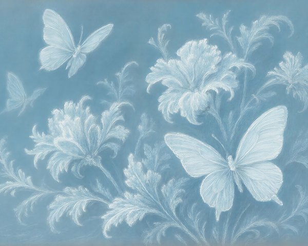 Pastel Blue Garden with Light Flowers and Butterflies