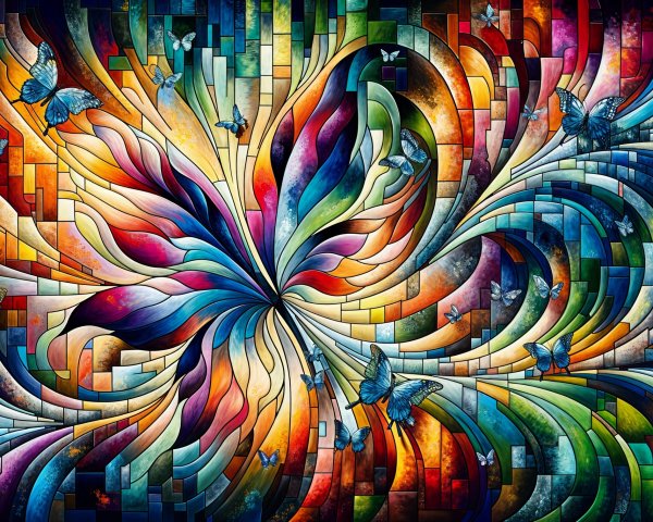 Vibrant Abstract Design with Colorful Swirls and Butterflies
